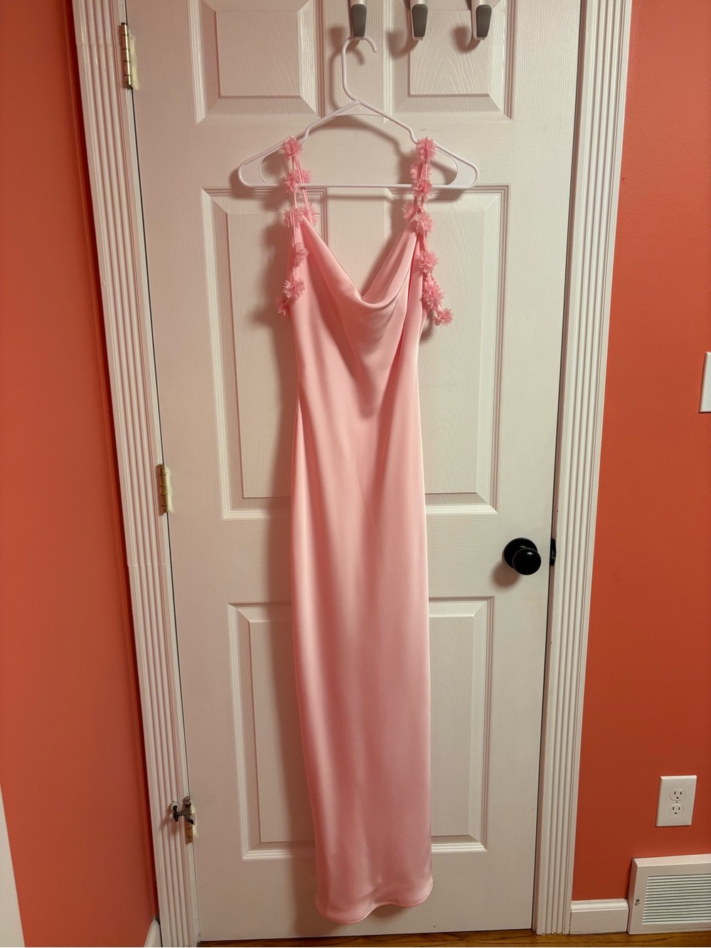 Elegant Pink Slip Dress with Drape Neck and Floral-Strap Detail